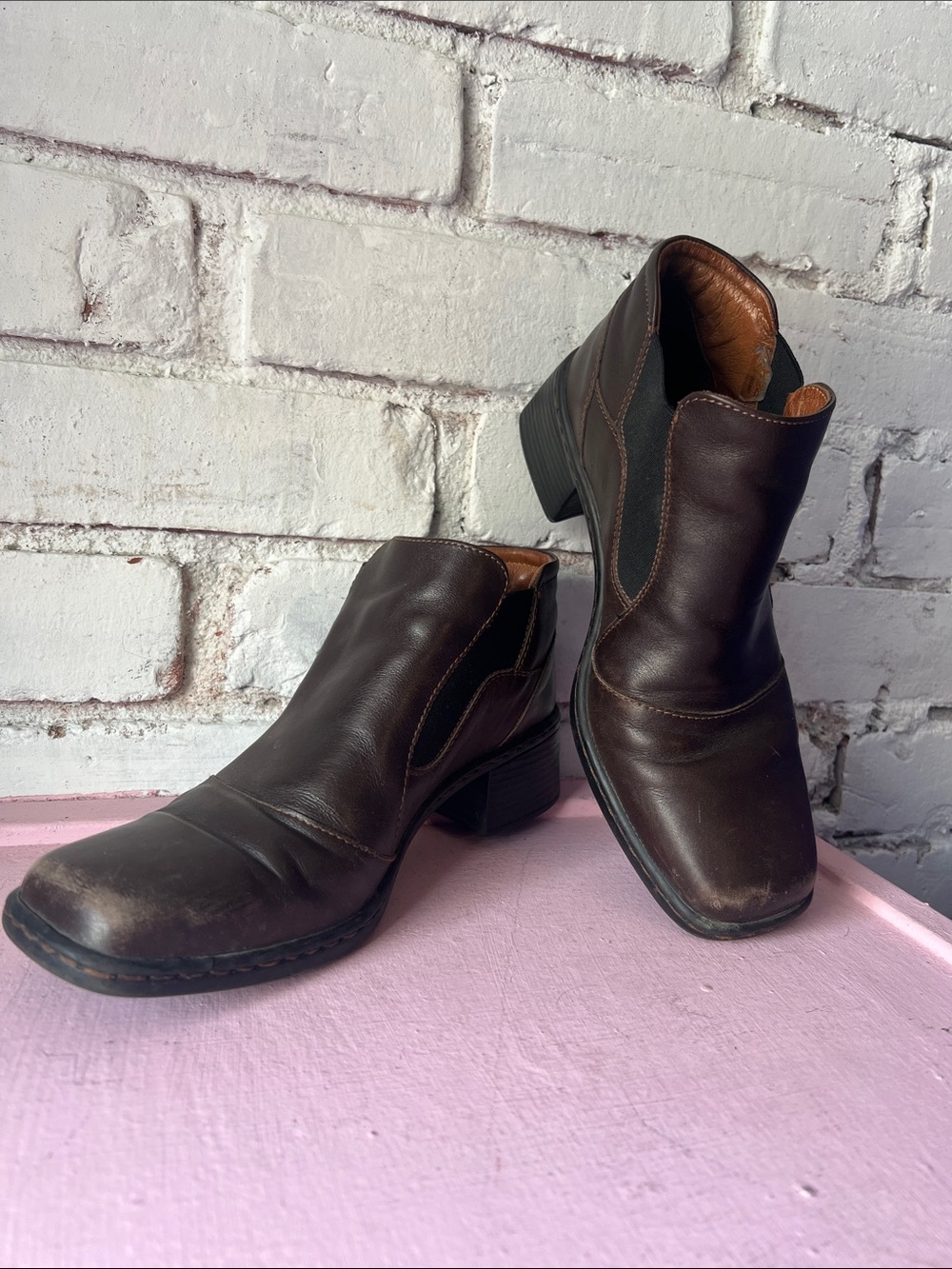 Women’s Brown Leather Ankle Boots - Classic Slip-On Chelsea Style square toe